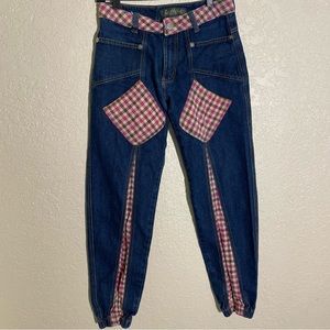 Unique plaid patchwork jeans by the Japanese brand Guwawa
